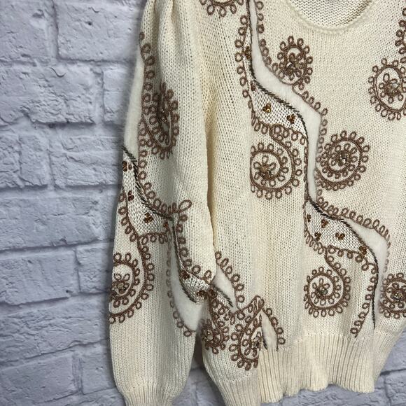 Vintage Christine Long Sleeve Sweater Beaded Embellished Cream Size M 80s 90s - Picture 2 of 7
